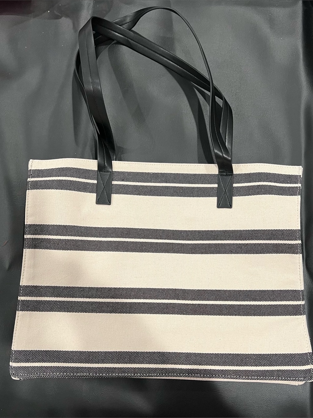 Striped Canvas Tote Bag with Black Handles